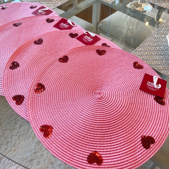 Other - Pink Red Heart Sequin Valentine’s Day Love Placemats Set of 4 Celebrate Together